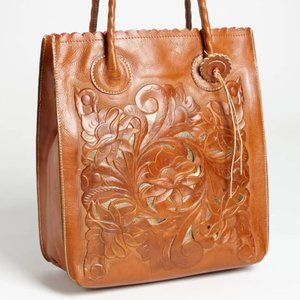 Patricia Nash Cavo Large Tote-Cutout Tooled Leather in British Tan